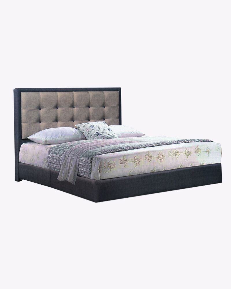 premium fabric bed frame with mattress and beddings