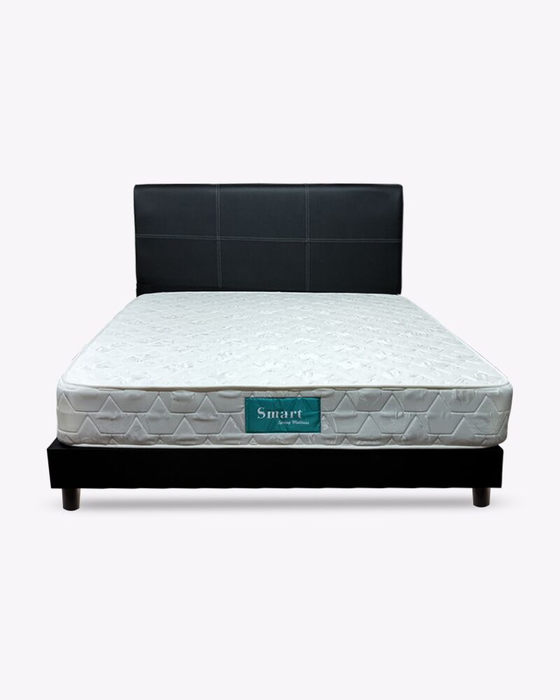 black leather bed frame with smart mattress