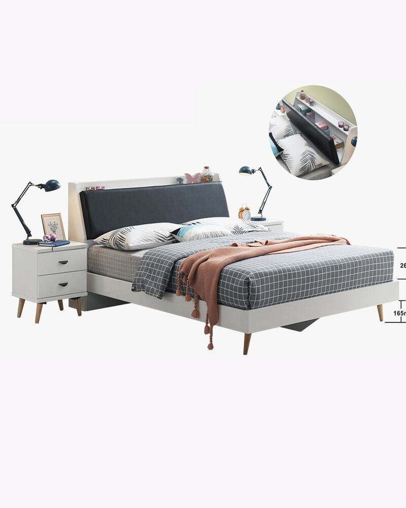 white wooden storage bed with side table and storage headboard