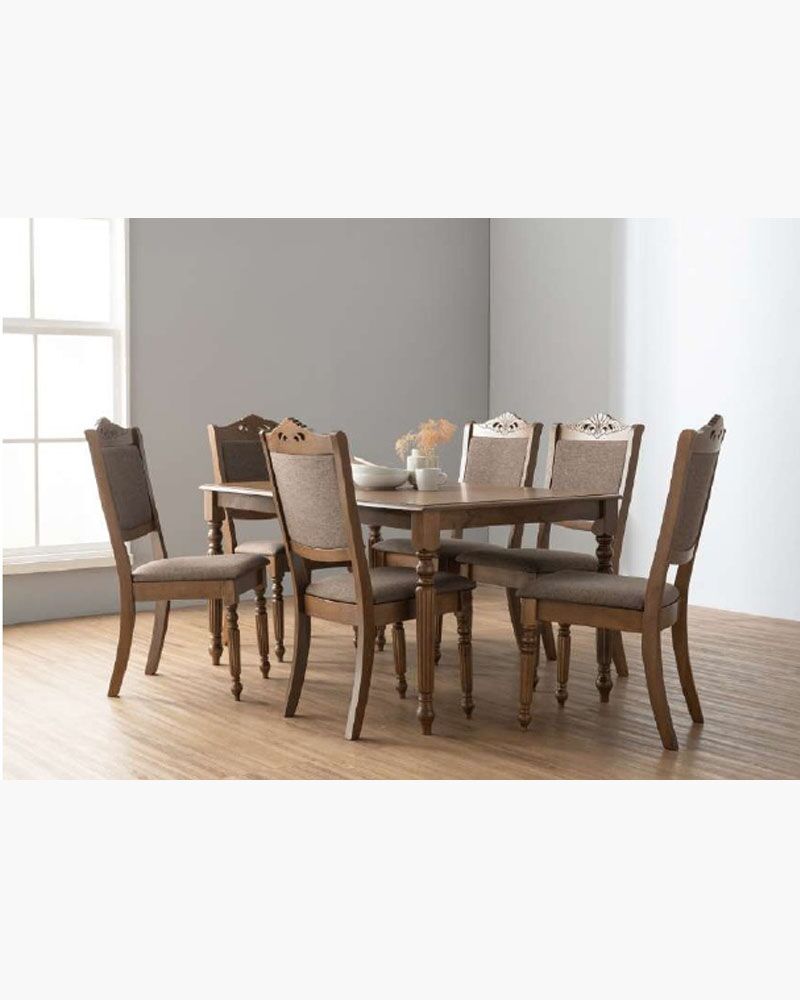 Classic wooden dining set with grey cushions