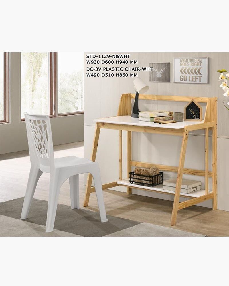 Rustic style wooden study table with white chair