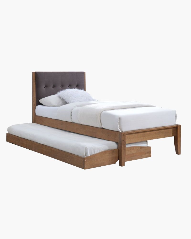 Wooden pull out bed frame with white mattress