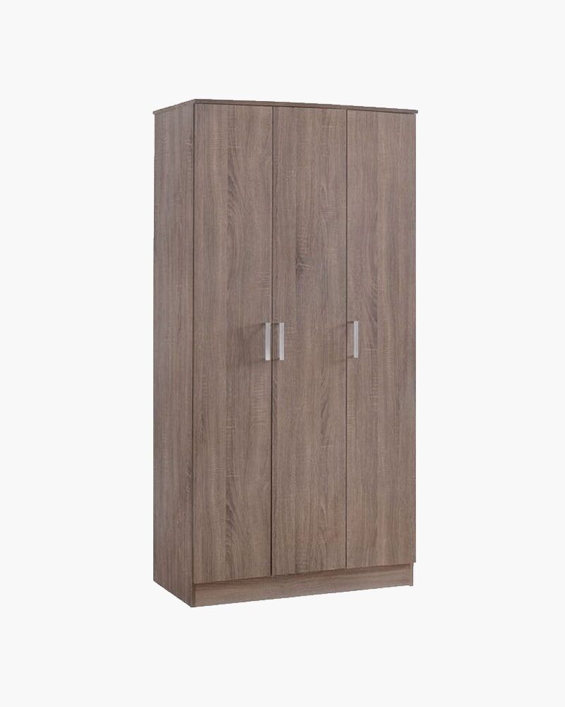 dark coloured wooden wardrobe with three doors