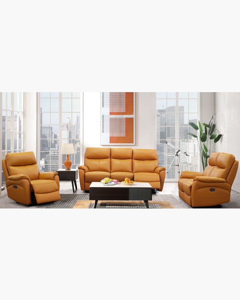 An orange leatherd sofa with two reclining chairs on its both sides